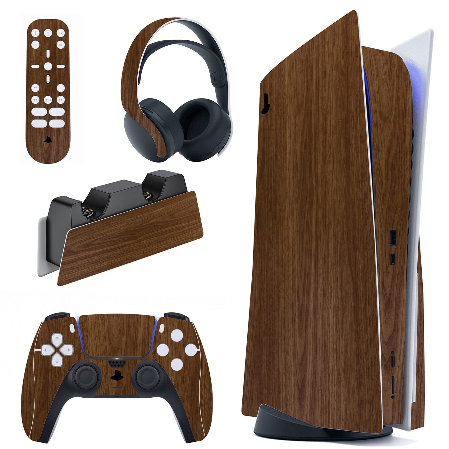 PlayVital for ps5 Skin - Disc Edition Full Set Console Controller Skin  Vinyl Decal Wrap Sticker Cover for ps5 Controller & Charging Station & Headset & Media Remote - Wood Grain