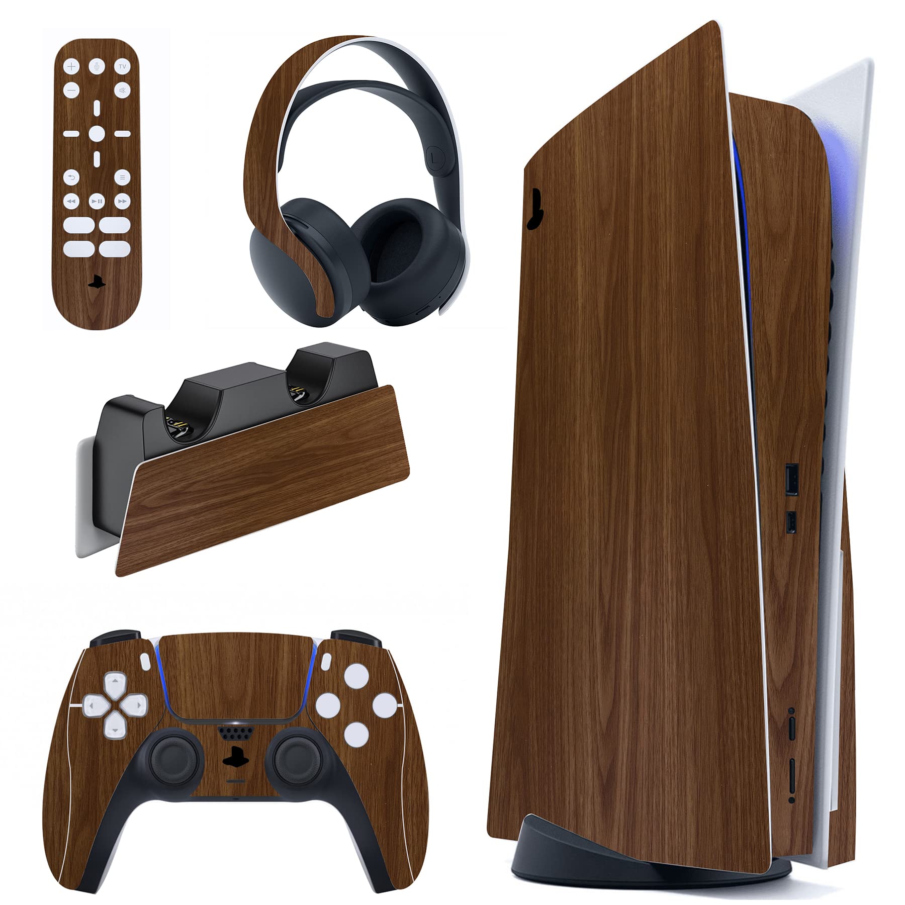 PlayVital for ps5 Skin - Disc Edition Full Set Console Controller Skin  Vinyl Decal Wrap Sticker Cover for ps5 Controller & Charging Station & Headset & Media Remote - Wood Grain