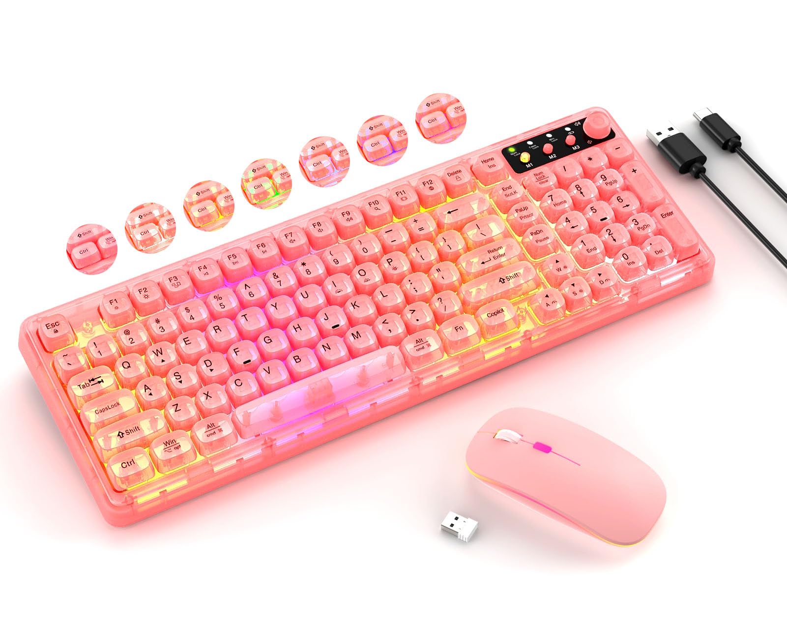BAIHUAFRU Wireless Backlit Keyboard and Mouse Set, Full Size, Pink, 2.4GHz, Rechargeable, 15 Backlight Effects, RGB Mouse, Volume Knob