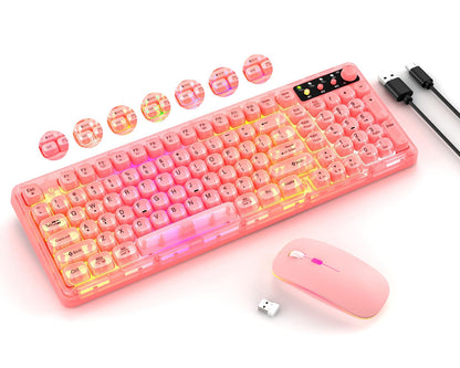 BAIHUAFRU Wireless Backlit Keyboard and Mouse Set, Full Size, Pink, 2.4GHz, Rechargeable, 15 Backlight Effects, RGB Mouse, Volume Knob