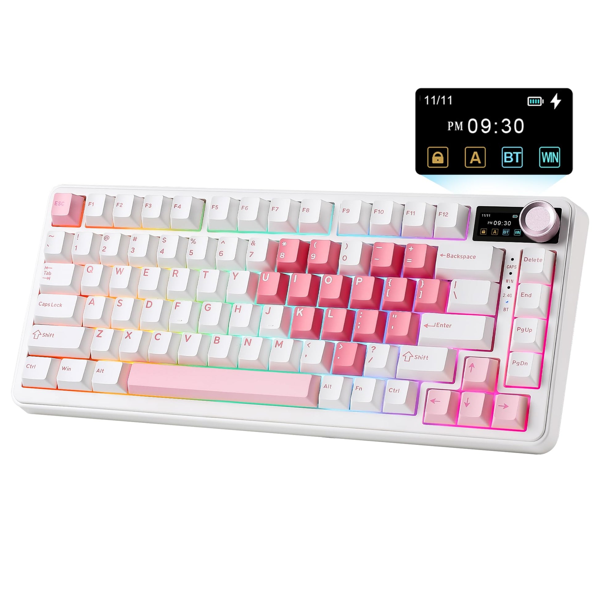 YUNZII B75 PRO MAX QMK/VIA Wireless Mechanical Keyboard 75% Layout with Screen and Knob Custom Hot Swap Gasket Creamy Pre-lubed Switches Bluetooth/Type-C/2.4G for Win/Mac (White Heart Milk V2 Switch)