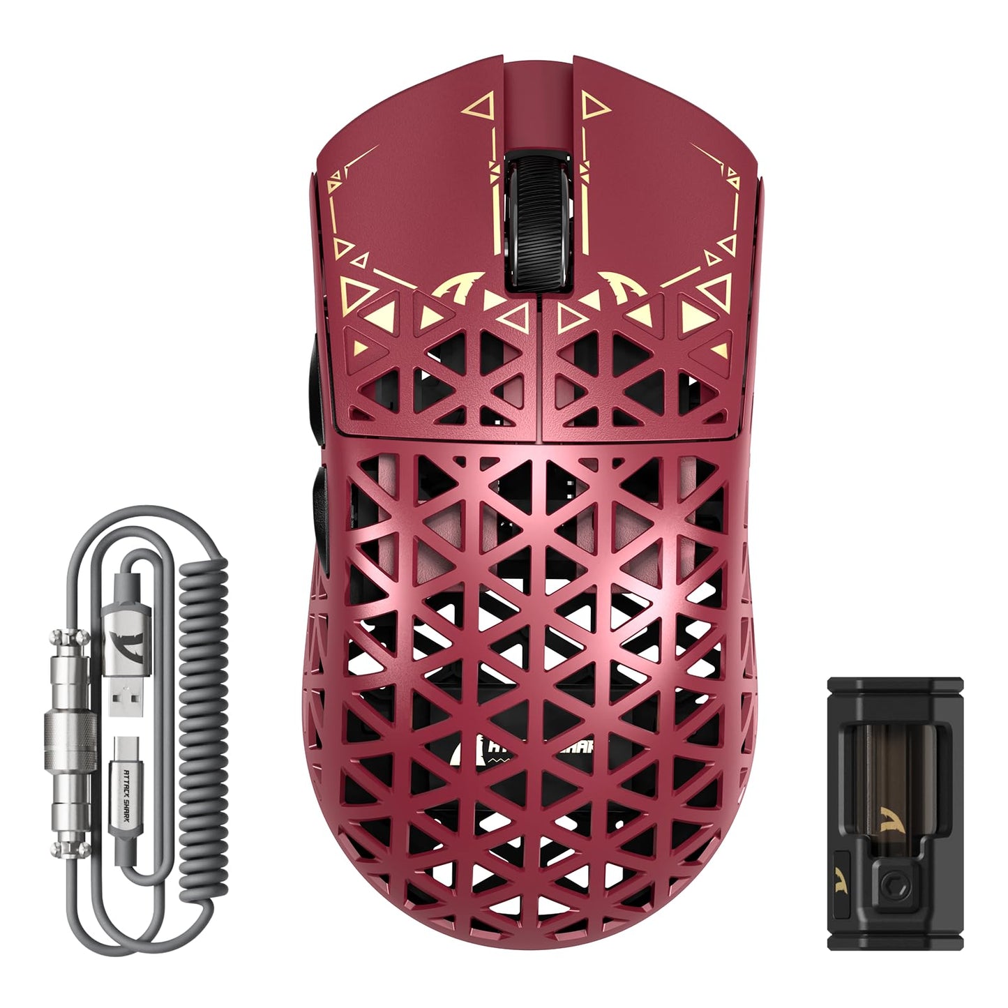 ATTACK SHARK R5 Ultra Wireless Gaming Mouse 39g Superlight Carbon Fiber Hollowed-Out PAW3950MAX Optical Sensor Nordic 52840 MCU 8K Polling 42K DPI Tri-Mode Programmable Mice with Coiled Cable-Red