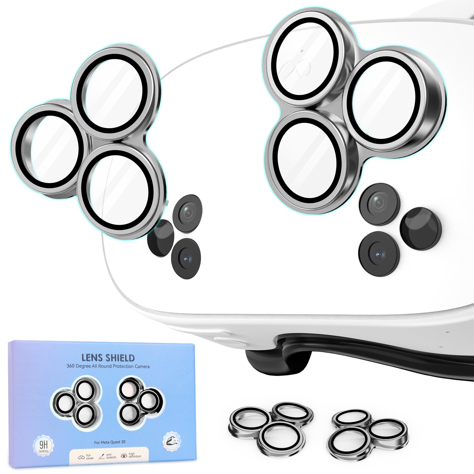 Camera Lens Protector Film for Meta/Oculus Quest 3s  VR Accessories Lens Cover  9H Tempered Glass  Aluminum Alloy Frame  360 All-round Protection  HD Anti-Scratch Accessories for Quest 3s (Silver)