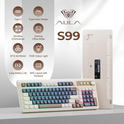 AULA S99 99 Keys Gaming Keyboard - Tri-Mode Bluetooth/2.4GHz/USB-C, RGB, Retro Creamy Color, Media Knob, Blue-Grey for MAC/Xbox
