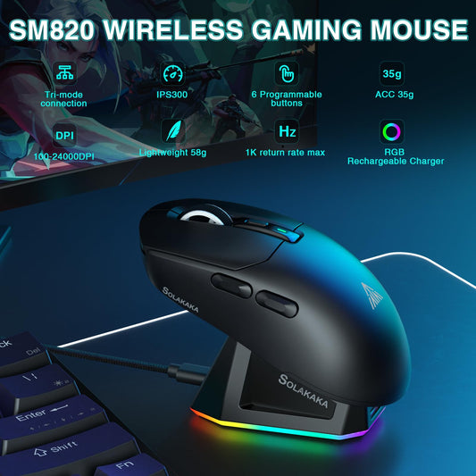SOLAKAKA SM820 Wireless Gaming Mouse - 24000 DPI, RGB Charging Dock, 2 Side Buttons, Black