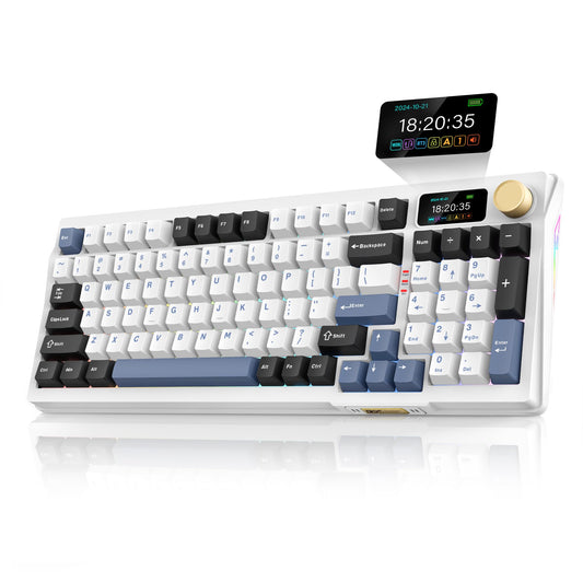 RedThunder K95 Wireless Mechanical Keyboard - TFT Screen, Tri-Mode BT5.0/2.4GHz/USB-C, RGB, Snowy White-Blue