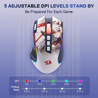 Redragon M612AK PRO RGB Gaming Mouse - 8000 DPI, 9 Programmable Buttons, Wireless & Wired, Anime Version