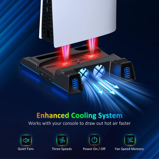 NexiGo PS5 Silent Cooling Stand with RGB LED, Dual Charging Station, Compatible with PS5 & Slim, White, Model 1526S WHT
