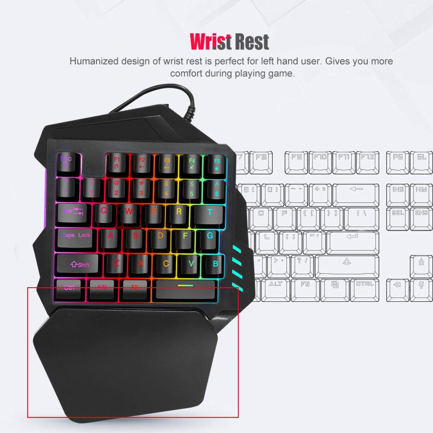 Bindpo One-Handed RGB Gaming Keyboard, 35 Keys, USB Wired with Wrist Rest Support