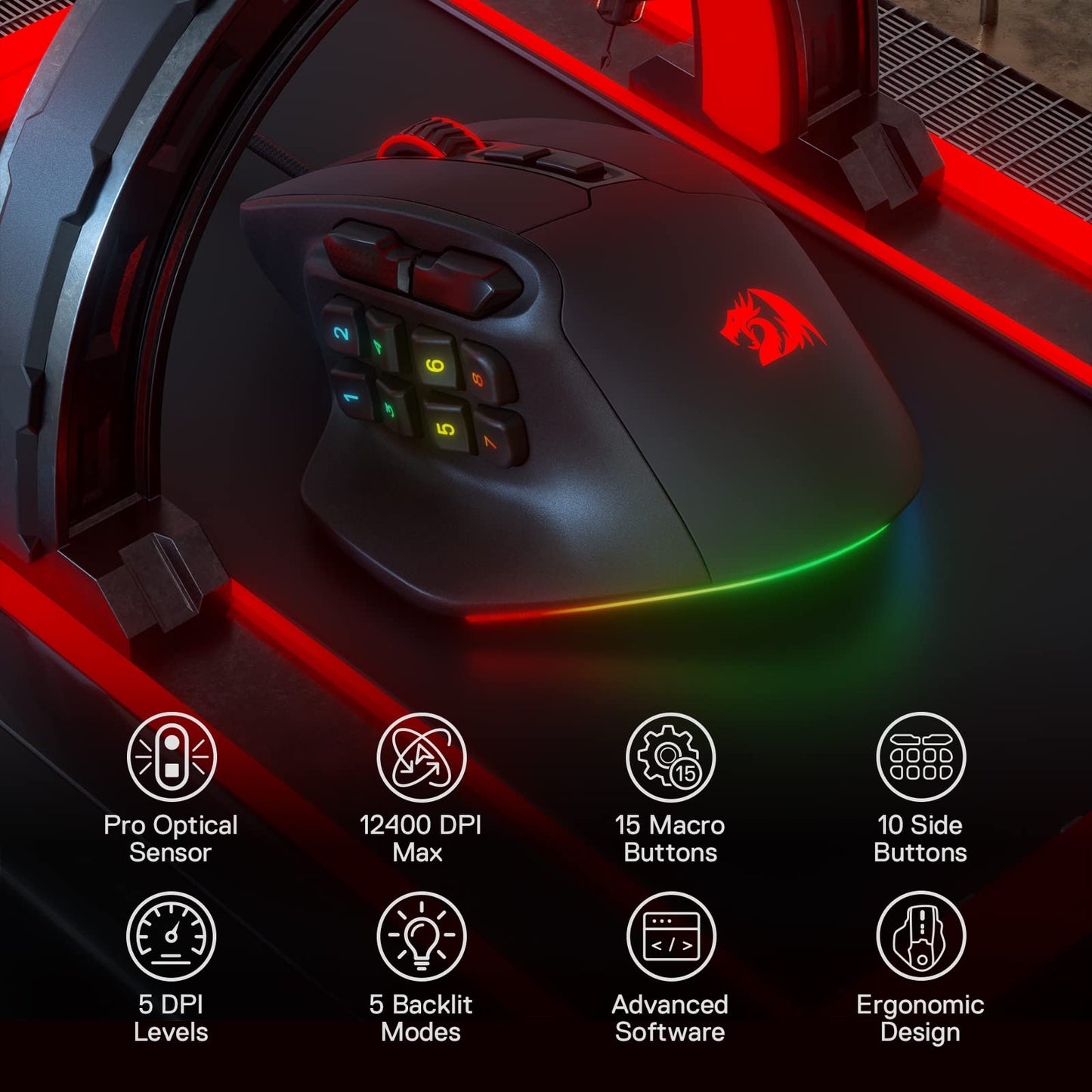 Redragon M811 Aatrox Wired MMO Gaming Mouse - 15 Programmable Buttons, Ergonomic Grip, RGB Backlit, Black