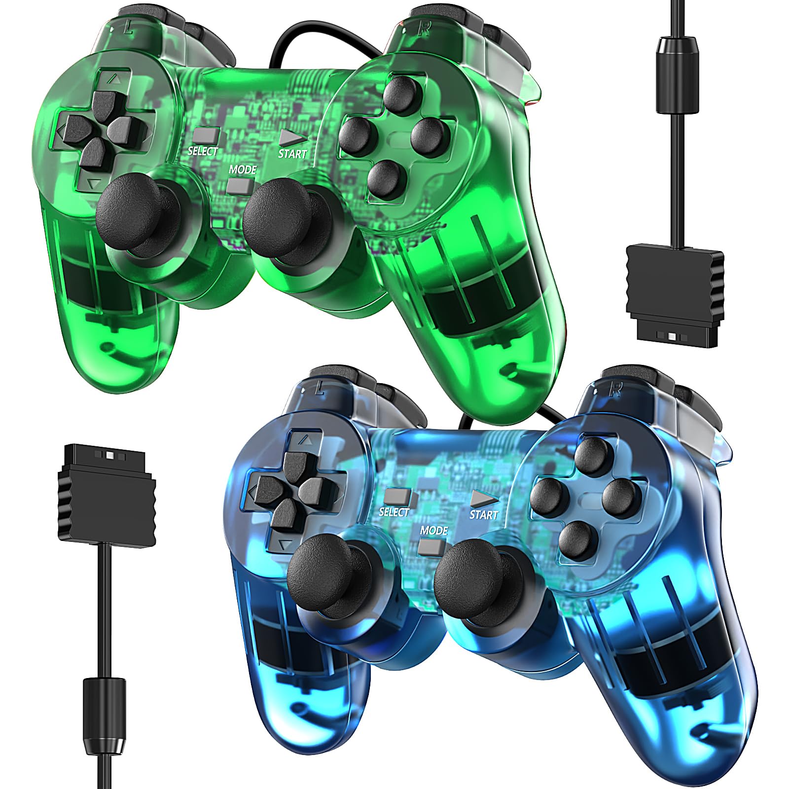 Zeion Wired Controller for PS2 Double Shock - 2 Pack Gamepad, Clear Green & Clear Blue