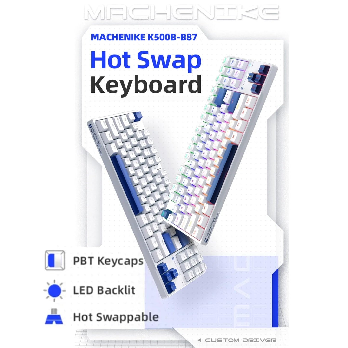 Machenike K500B 75% TKL Mechanical Gaming Keyboard, Hot-Swappable Red Switch, RGB Backlit, Compact Design, White/Blue