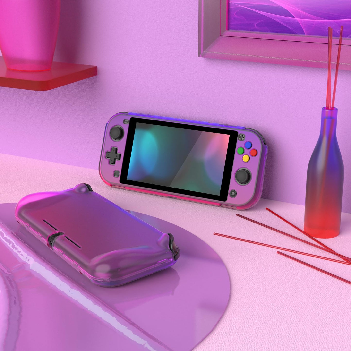 PlayVital ZealProtect Case for Nintendo Switch Lite - Ergonomic Grip, Anti-Scratch, Clear Atomic Purple Rose Red, Model PSLYP3012