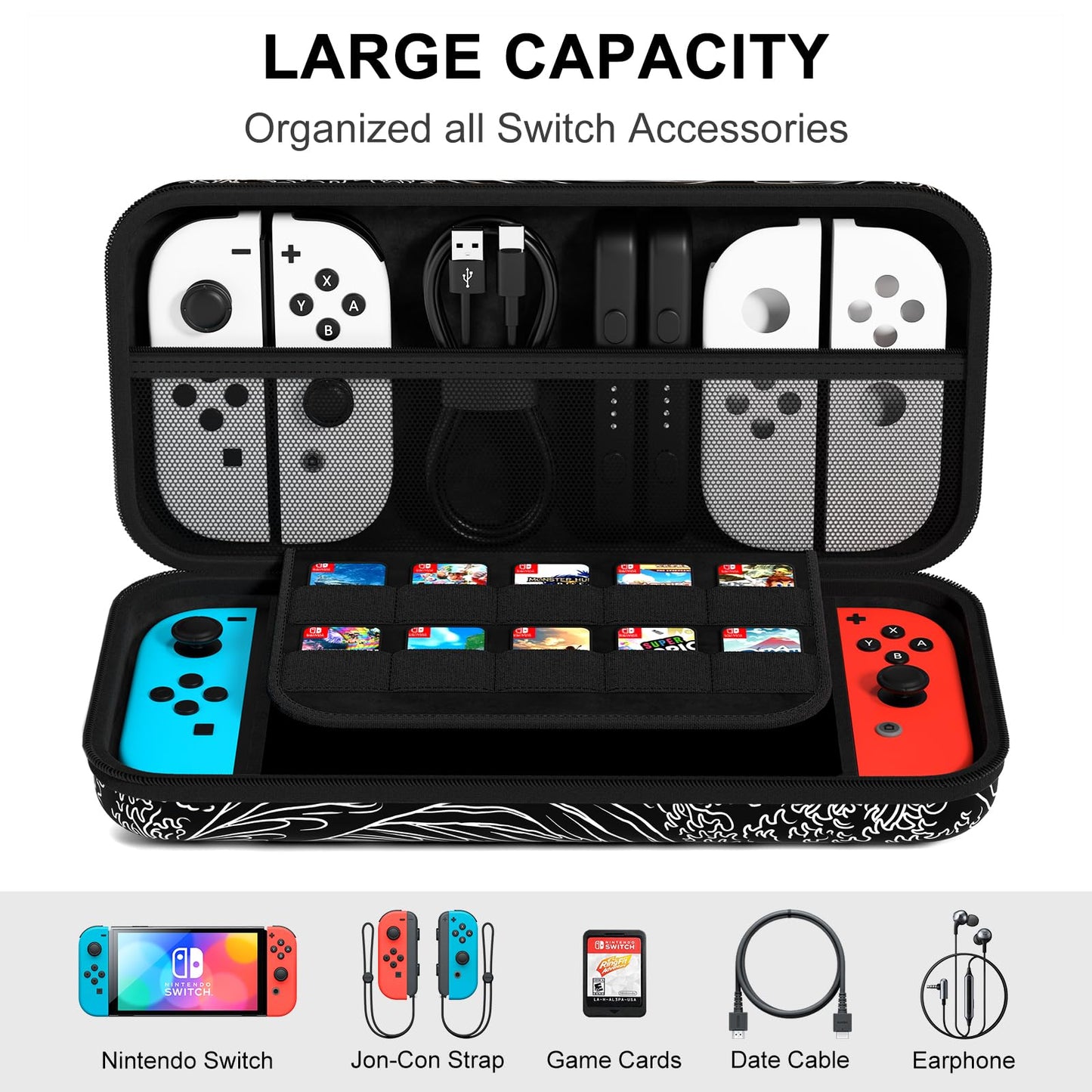 NPOOYI Carrying Case for Nintendo Switch OLED, Hard Shell Travel Case, Abstract Waves Design, Compatible with Joy-Con & Accessories