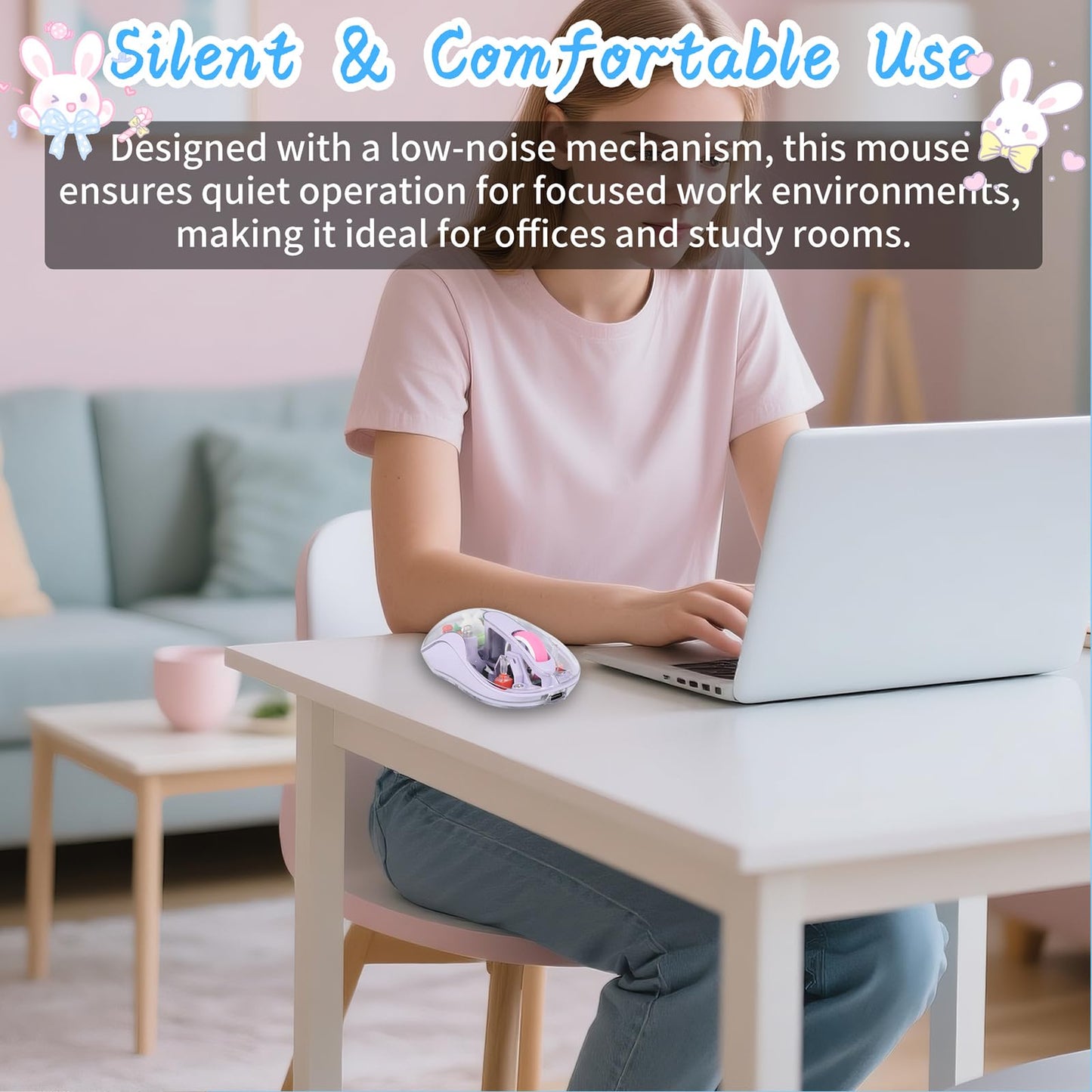 elec Space Wireless USB C Mouse - Bluetooth Triple Mode, Rechargeable, Silent, Portable Design - Purple Cartoon Character