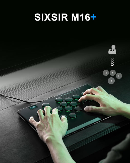 SIXSIR Leverless Arcade Stick Controller M16+ Black - Large, Slim Aluminum, Custom RGB, 16 Key Low-profile Switches for PC/PS4/PS3/Switch