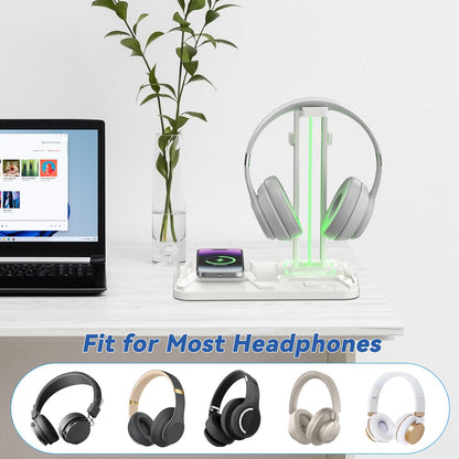KDD RGB Headphone & Controller Stand - Wireless Charging, 9 Light Modes, 2 USB Ports, White, Model KDD-752W