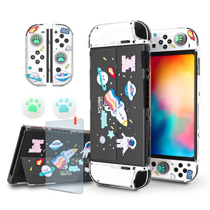 NANANINO Switch OLED Protective Case with Tempered Glass Screen Protector and Thumb Grips - Clear