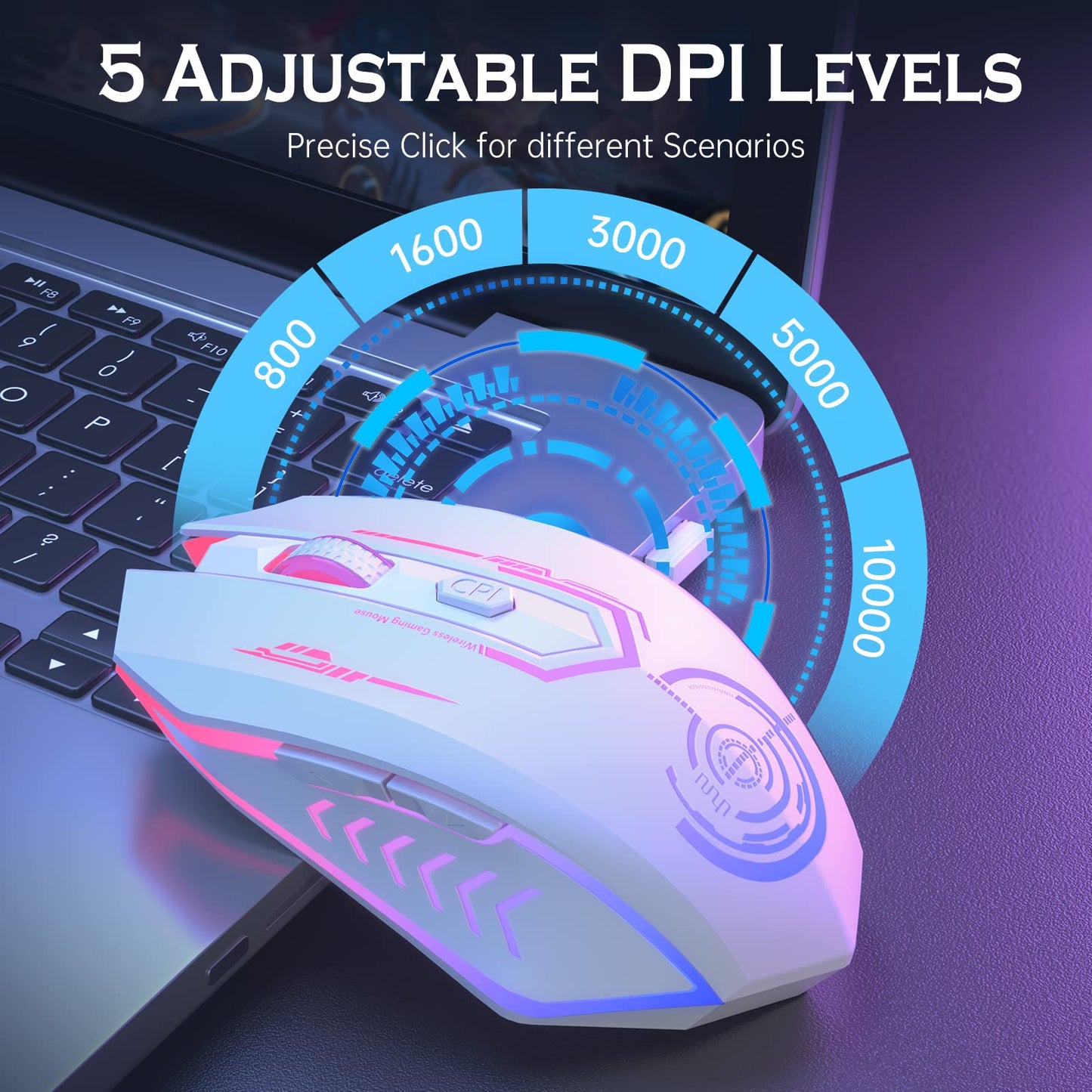 UHURU Wireless Gaming Mouse WM-02, 10000 DPI, 6 Buttons, 7 LED Colors, Rechargeable, White