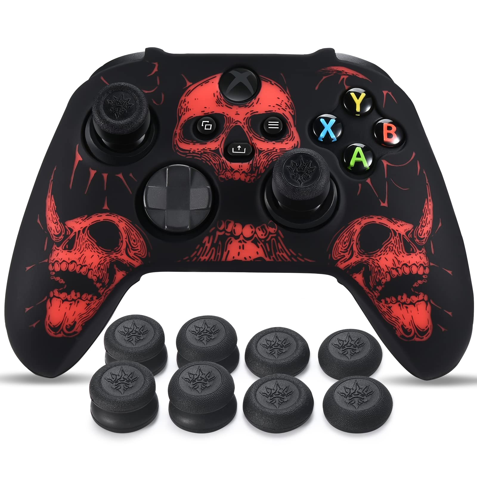 YoRHa Laser Carving Silicone Skin for Xbox Series X/S Controller x 1(Skulls Red) with unique Thumb Grips x 8
