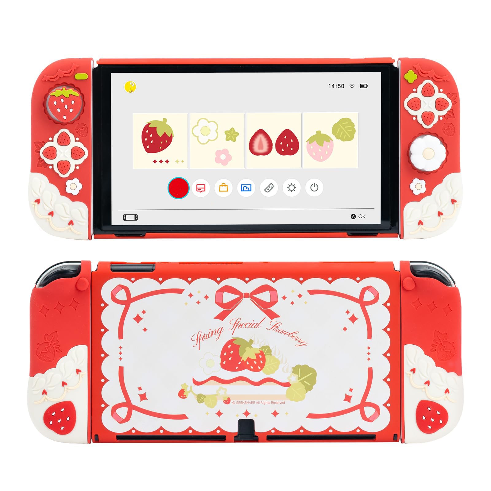 GeekShare Protective Case for Switch OLED Slim Cover Case Compatible with Switch OLED Separable Soft Silicone Protective Shell for Joystick with 2 Thumb Grip Caps - Strawberries with Cream