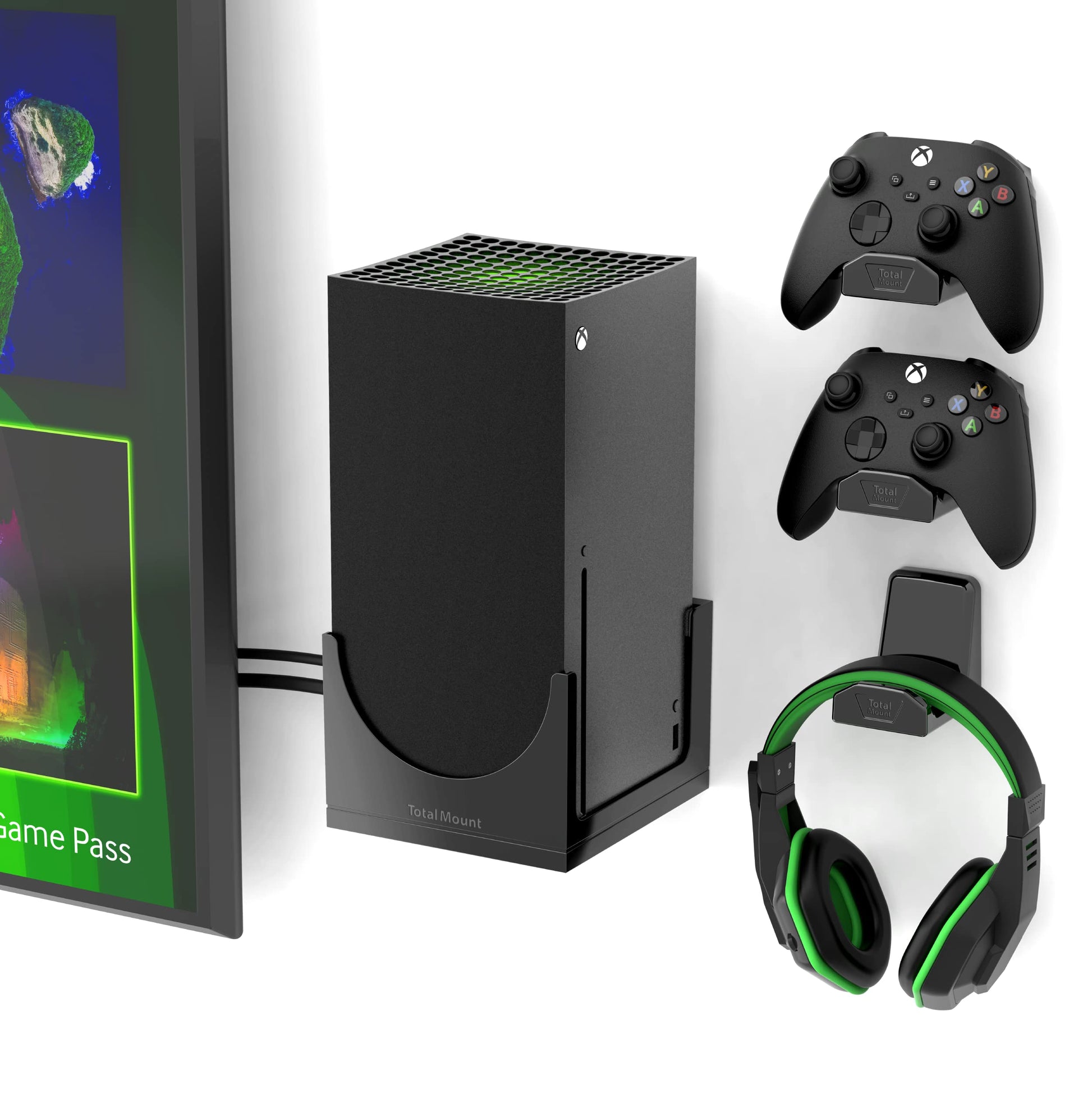 TotalMount - Wall Mount for Xbox Series X - Prevents Your Xbox from Falling by Securing Each Side (Large Bundle: Wall Mount and 3 Controller Holders)
