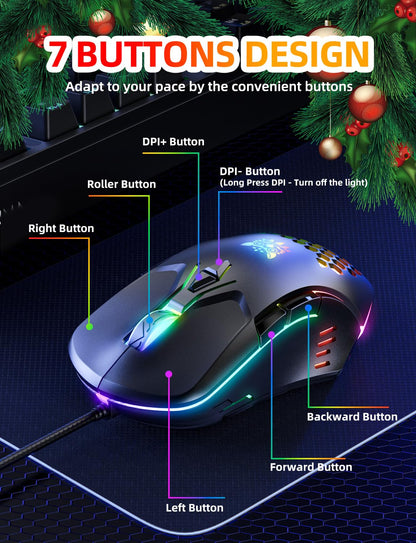 ONIKUMA Wired Gaming Mouse - High Precision RGB, Adjustable DPI, 7 Programmable Buttons, Ergonomic Design, Black, Model CW902