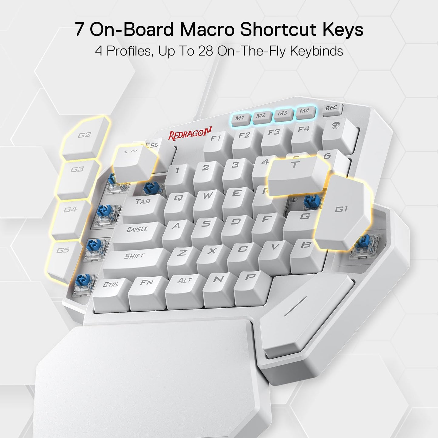 Redragon K585 DITI One-Handed RGB Mechanical Gaming Keyboard, Blue Switch, Type-C, 42 Keys, 7 Macro Keys, White, Wired