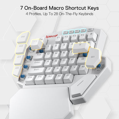 Redragon K585 DITI One-Handed RGB Mechanical Gaming Keyboard, Blue Switch, Type-C, 42 Keys, 7 Macro Keys, White, Wired