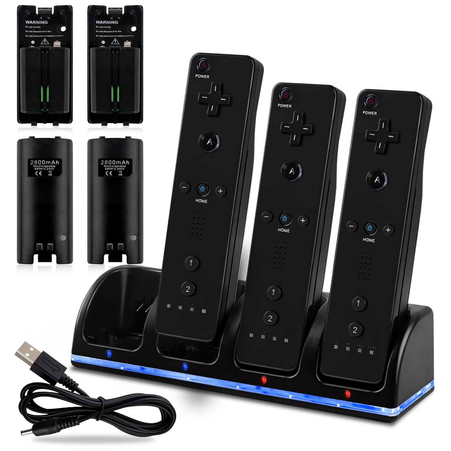 XiQiDianr 4-in-1 Charger Station for Wii & Wii U - Includes 4 Rechargeable 2800mAh Batteries, USB Cable, Black