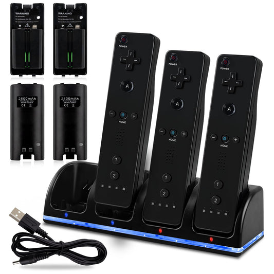 XiQiDianr 4-in-1 Charger Station for Wii & Wii U - Includes 4 Rechargeable 2800mAh Batteries, USB Cable, Black