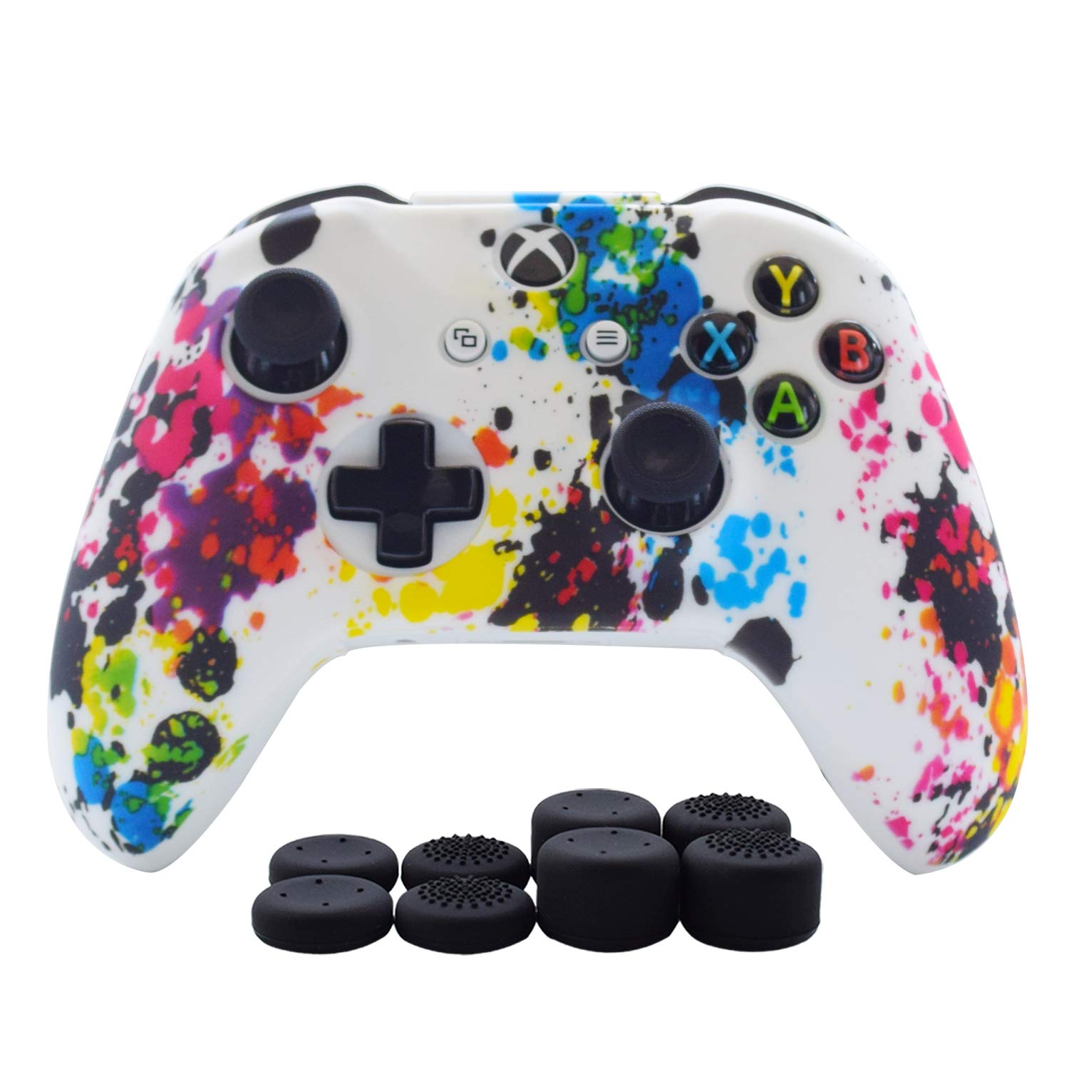 Hikfly Silicone Gel Controller Cover for Xbox One/S/X, White Paints, Includes 8 Thumb Grip Caps, Xbox One Print Style