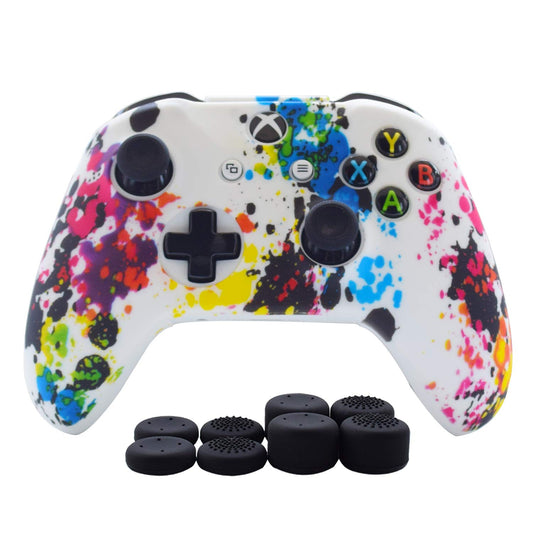 Hikfly Silicone Gel Controller Cover for Xbox One/S/X, White Paints, Includes 8 Thumb Grip Caps, Xbox One Print Style