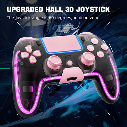 BRHE Wireless PS4 Controller - Pink, Hall 3D Joysticks, RGB LED Lights, Programmable Funtion for PS4/Slim/Pro