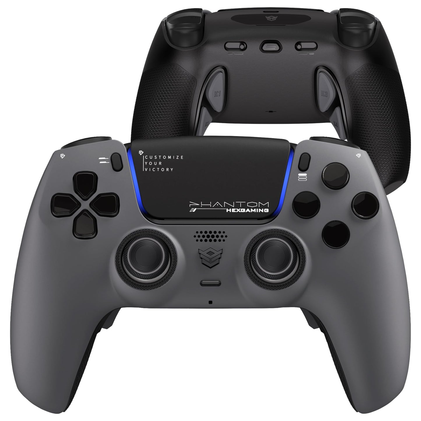 HEXGAMING PHANTOM Pro Gaming Controller with 4 Remappable Buttons  6 Remapping Profiles  8 Interchangeable Analog Stick  and Adjustable Triggers Compatible with ps5  PC  Mobile - Shadow Gray