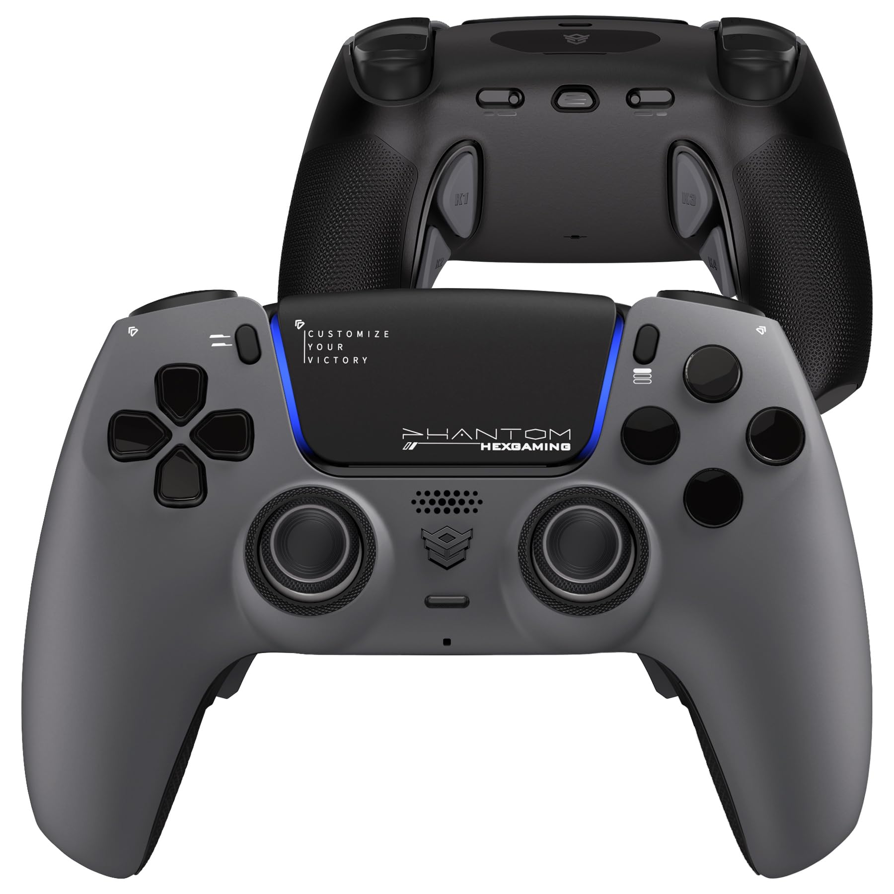HEXGAMING PHANTOM Pro Gaming Controller with 4 Remappable Buttons  6 Remapping Profiles  8 Interchangeable Analog Stick  and Adjustable Triggers Compatible with ps5  PC  Mobile - Shadow Gray