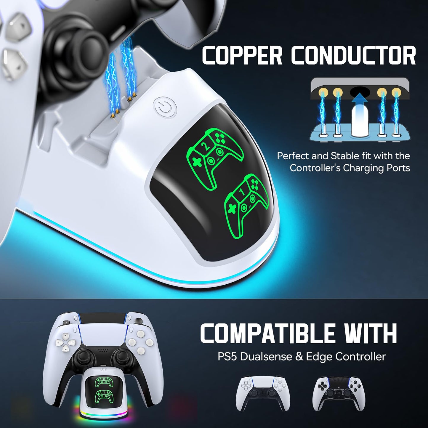Rysker PS5 Controller Charger - Dual Charging Dock with RGB Light, Fast Charging for Dualsense & Edge, White