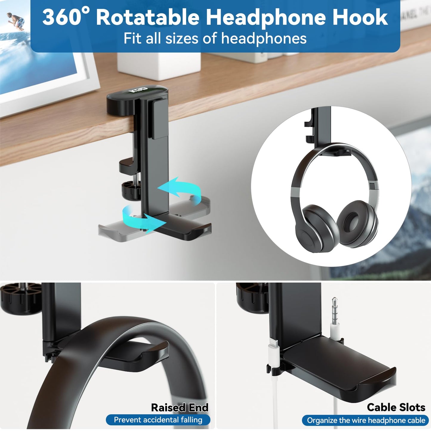 KDD 2 in 1 Headphone Hanger with Desk Cup Holder, Rotatable Under Desk Clamp, Black, Model 790-FUTI