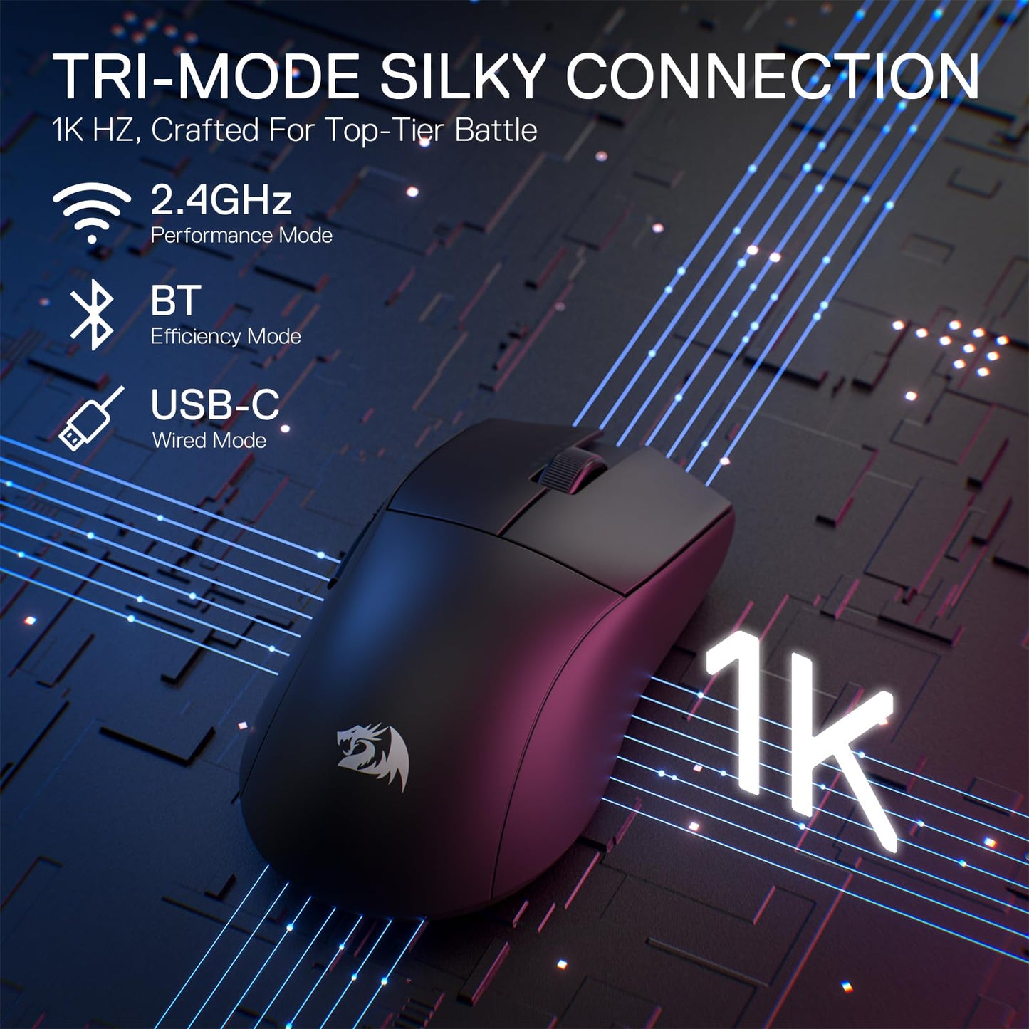 Redragon M916 PRO Wireless Gaming Mouse - 26K DPI, Ultra-Light, Ergonomic Grip, Full Programmable Buttons, Black