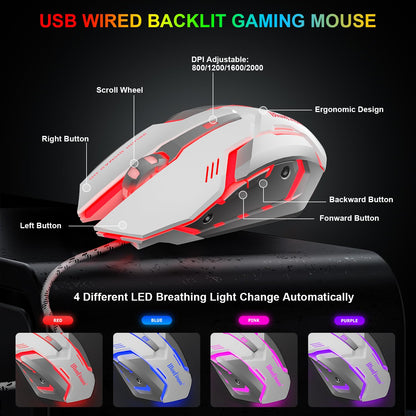 BlueFinger RGB Gaming Keyboard & Backlit Mouse Combo, USB Wired LED Set, White & Black