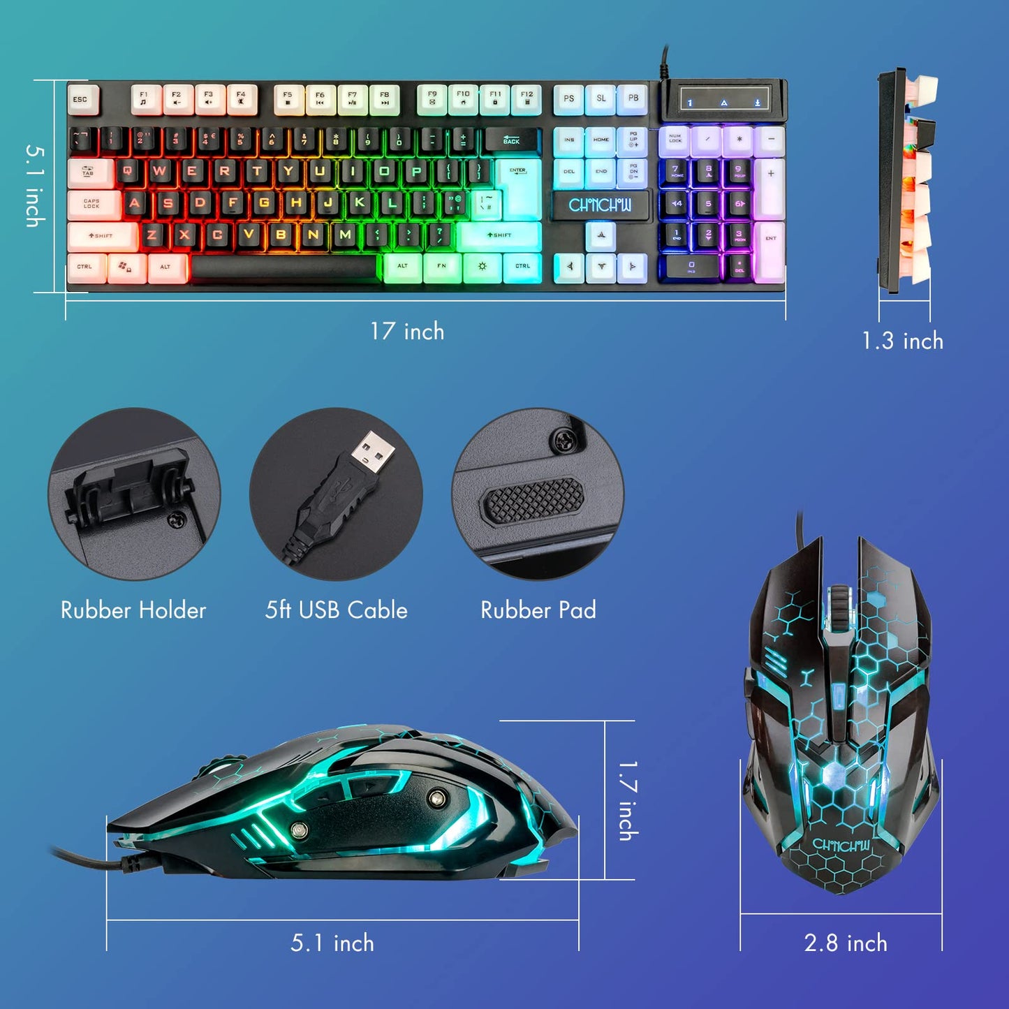 CHONCHOW RGB Gaming Keyboard and Mouse Combo, Full Size 17"x5.1"x1.3", Black, Model 5-951 for PS4/PS5/Xbox/PC