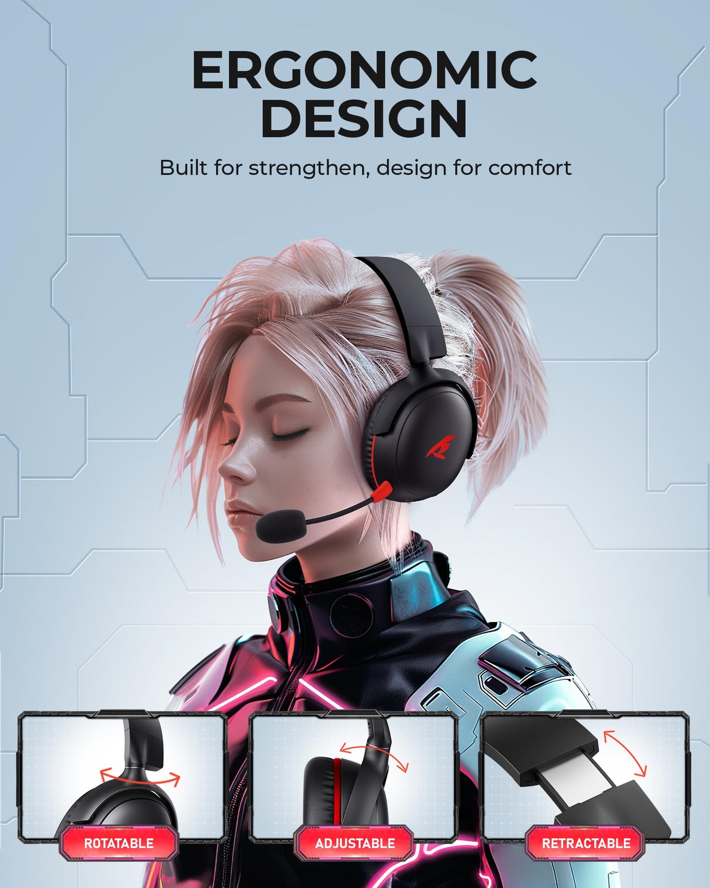 KOFIRE Wireless Gaming Headset, 2.4GHz USB, Bluetooth 5.4, 53MM 3D Stereo Sound, 65H Battery, ENC Mic, Black-Red