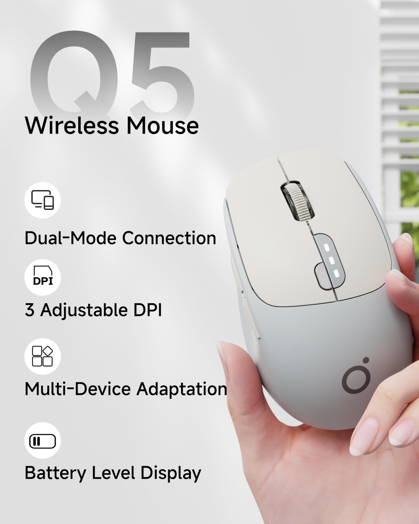SEUNKWANG Q5 Wireless Mouse, Bluetooth & 2.4G, 1600 DPI, Ergonomic, Grey