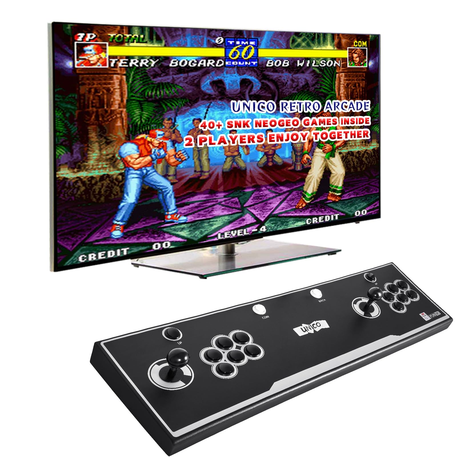 UNICO SNK Game Arcade  44 Pre-loaded Genuine SNK Games  Two Joysticks for Two Player  HDMI Output to TV/Monitor