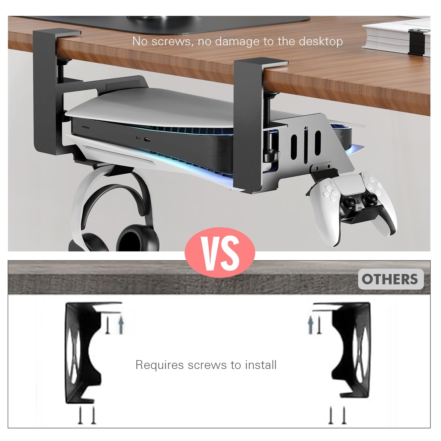 Semaiki Under Desk Mount for PS5/PS5 Slim/Pro - Black Horizontal Stand Compatible with Disc & Digital Editions