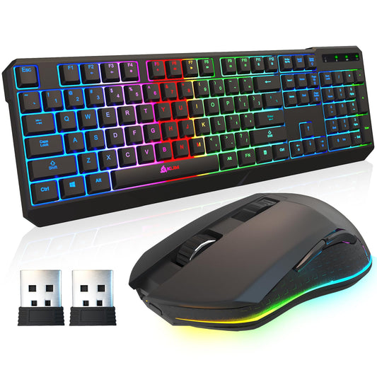 KLIM Chroma Wireless Keyboard and Mouse - RGB Backlit Gaming Combo  Rechargeable Wireless Keyboard & RGB Mouse  Durable & Ergonomic  Dual USB Receivers  Compatible with PC  Mac  PS4  PS5