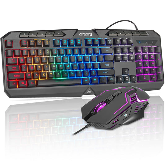 Wired Gaming Keyboard and Mouse Combo with LED Backlit  Quiet  10 Media Function Keys  19 Anti-ghosting Keys  Light Up Computer Keyboard  Programmable 7200 DPI RGB Mice with Software for PC Xbox PS5