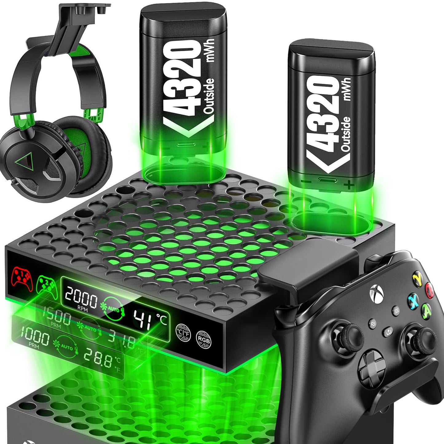 LVVIL Cooling Fan with 2 Packs 4800mWh Rechargeable Battery for Xbox Series X/S Console  Built-in Auto Adjustable Cooling System with Xbox Fans Cooler  Controller & Headset Holders Included