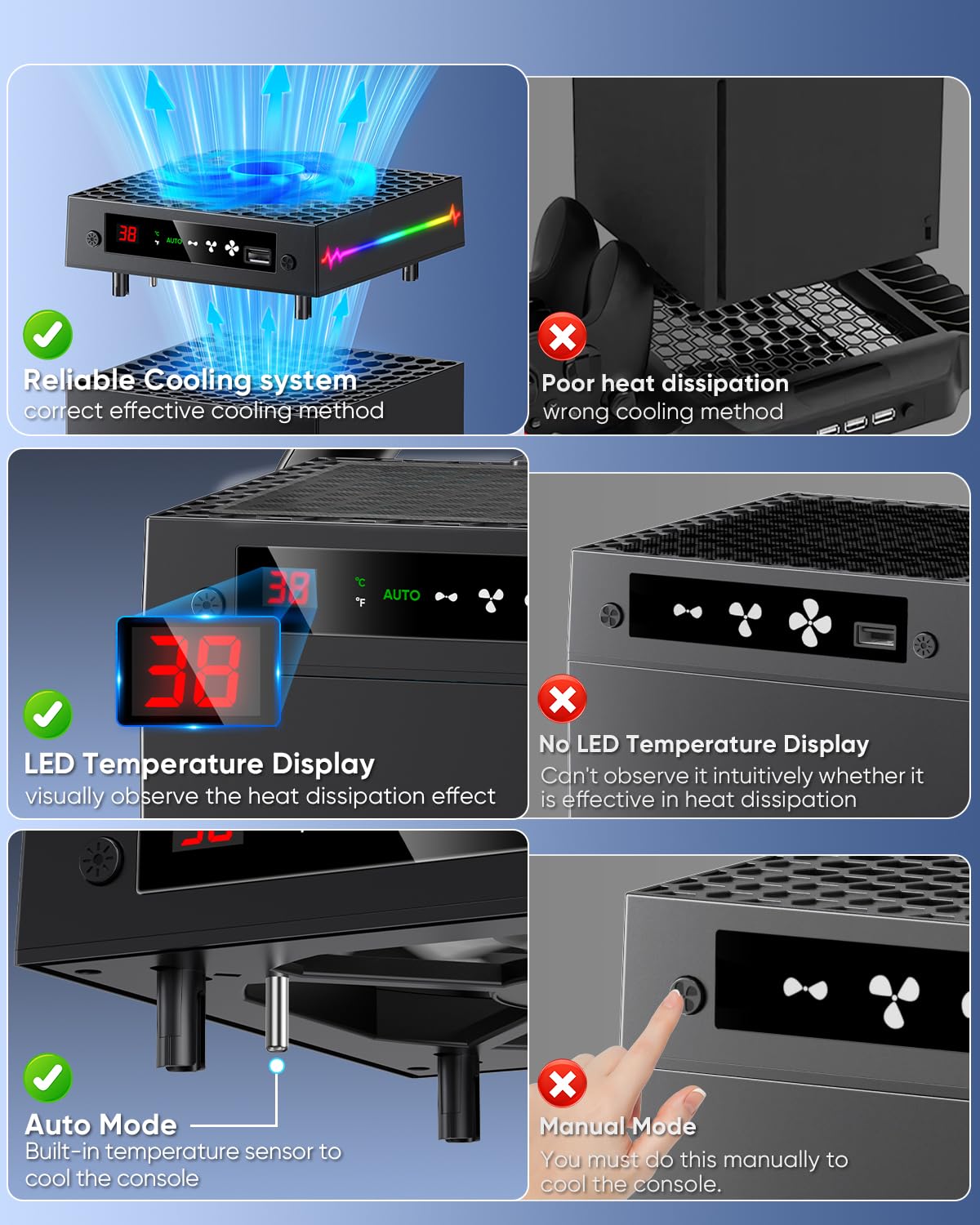 KOVA Auto Cooling Fan for Xbox Series X - 9 RGB Light Modes, Adjustable Temperature, Black, Model PG-XBX026SM