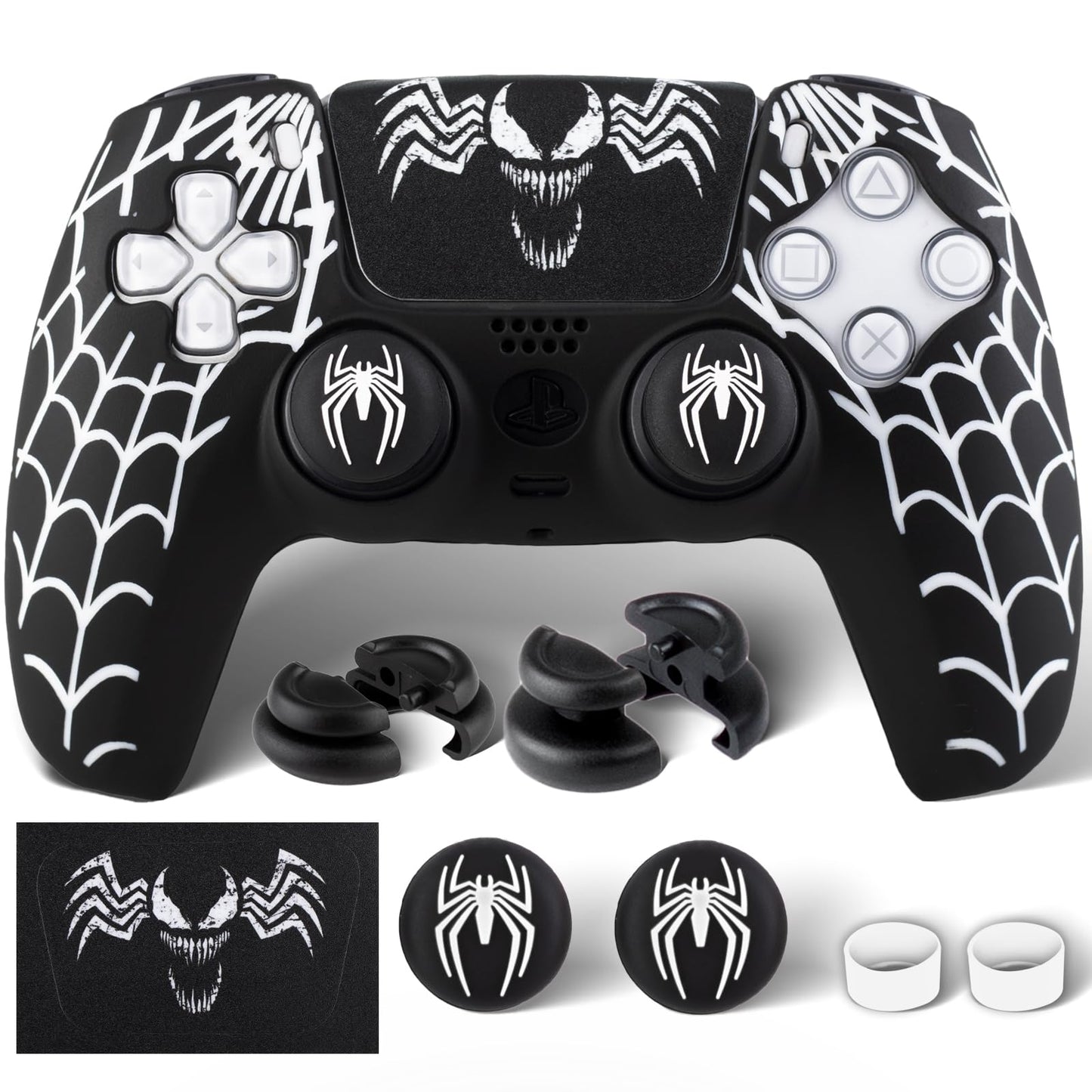 PlayRealm Silicone Skin Cover Sticker x 1 & Extender Grips x 2 for PS5 Controller Venom Web